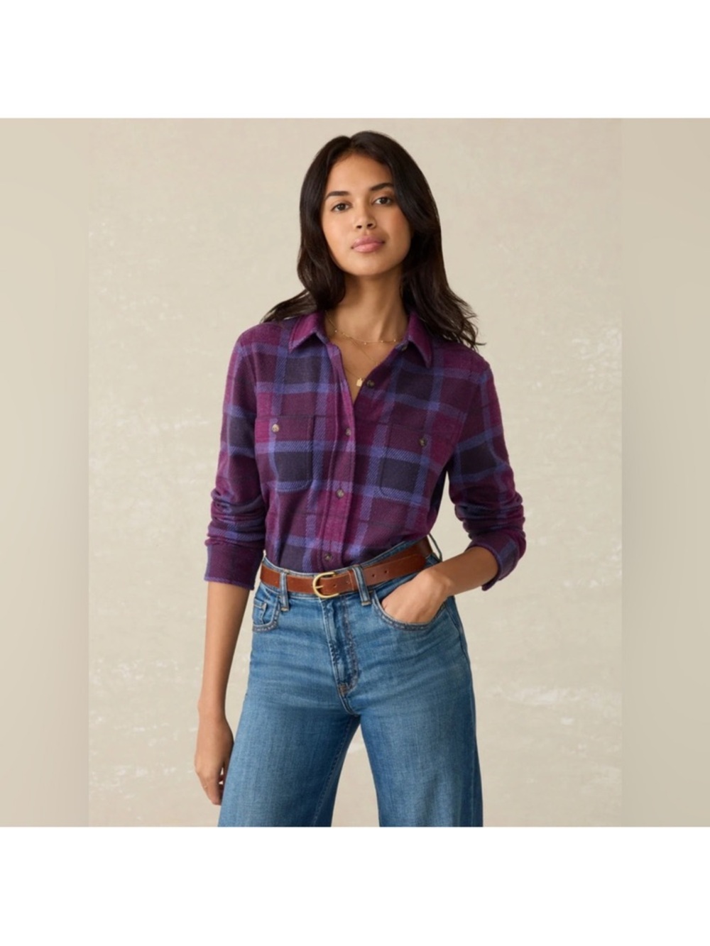 Faherty Legend Sweater Shirt Womens Size S Purple Snowberry Long Sleeve Button